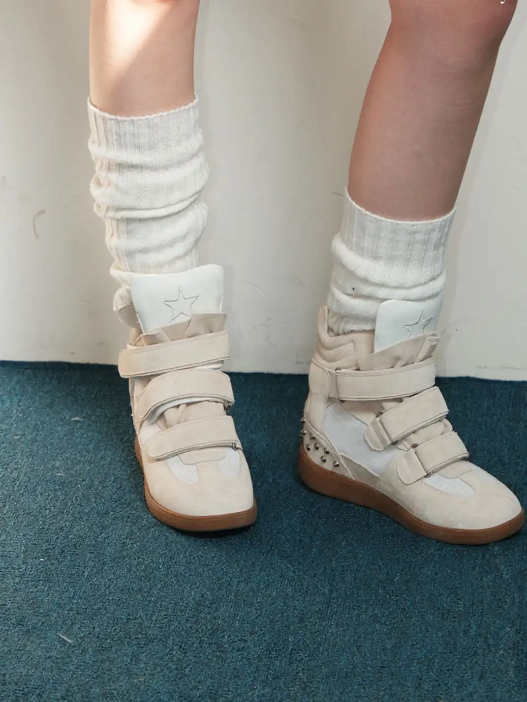 Mooreyu Atelier | Genuine Leather Velcro Hidden Heel Sneakers