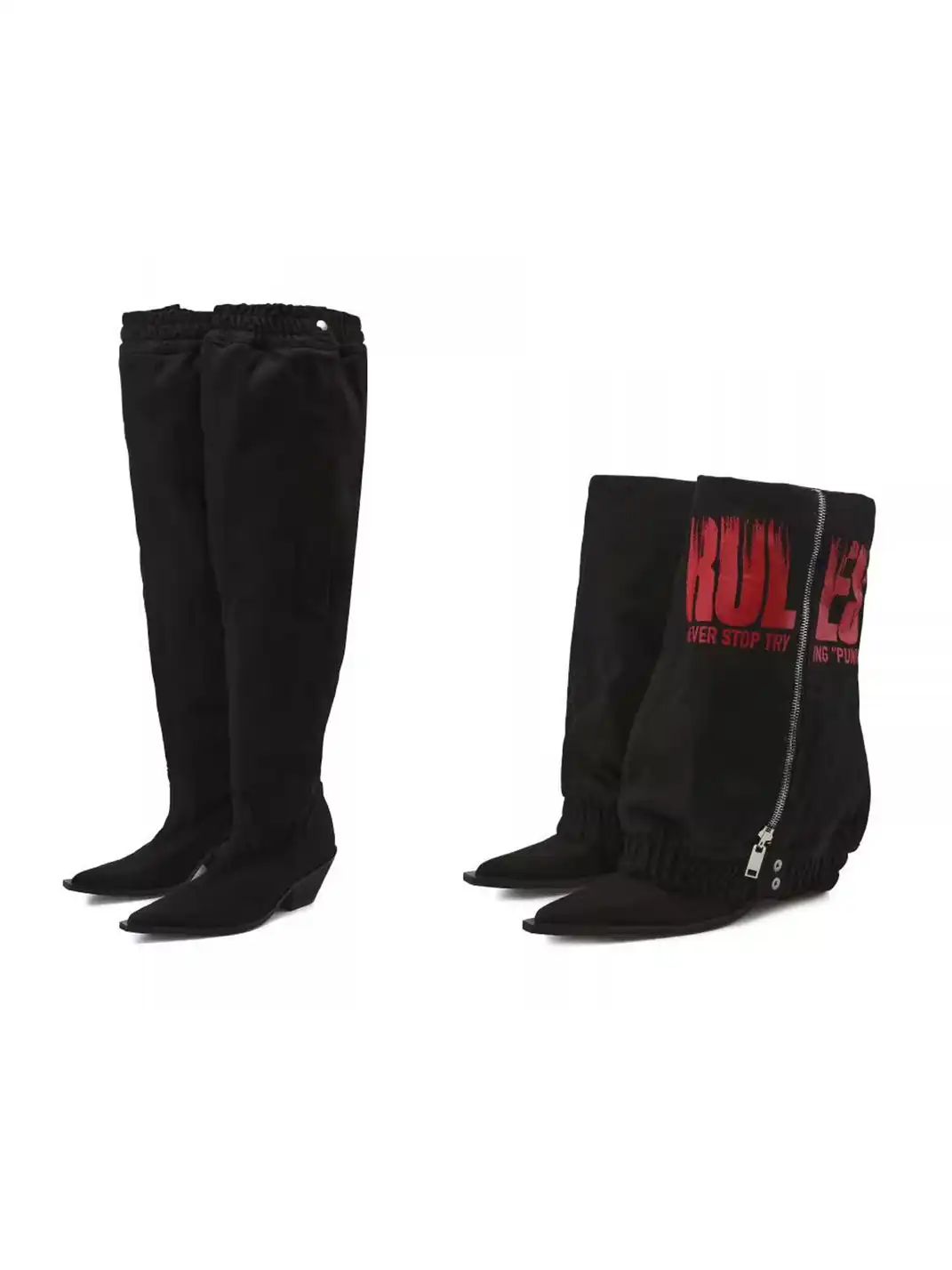 24ANS | Printed Denim Fold-Over Chunky Heel Boots