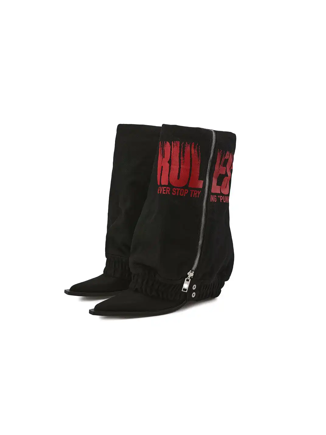 24ANS | Printed Denim Fold-Over Chunky Heel Boots