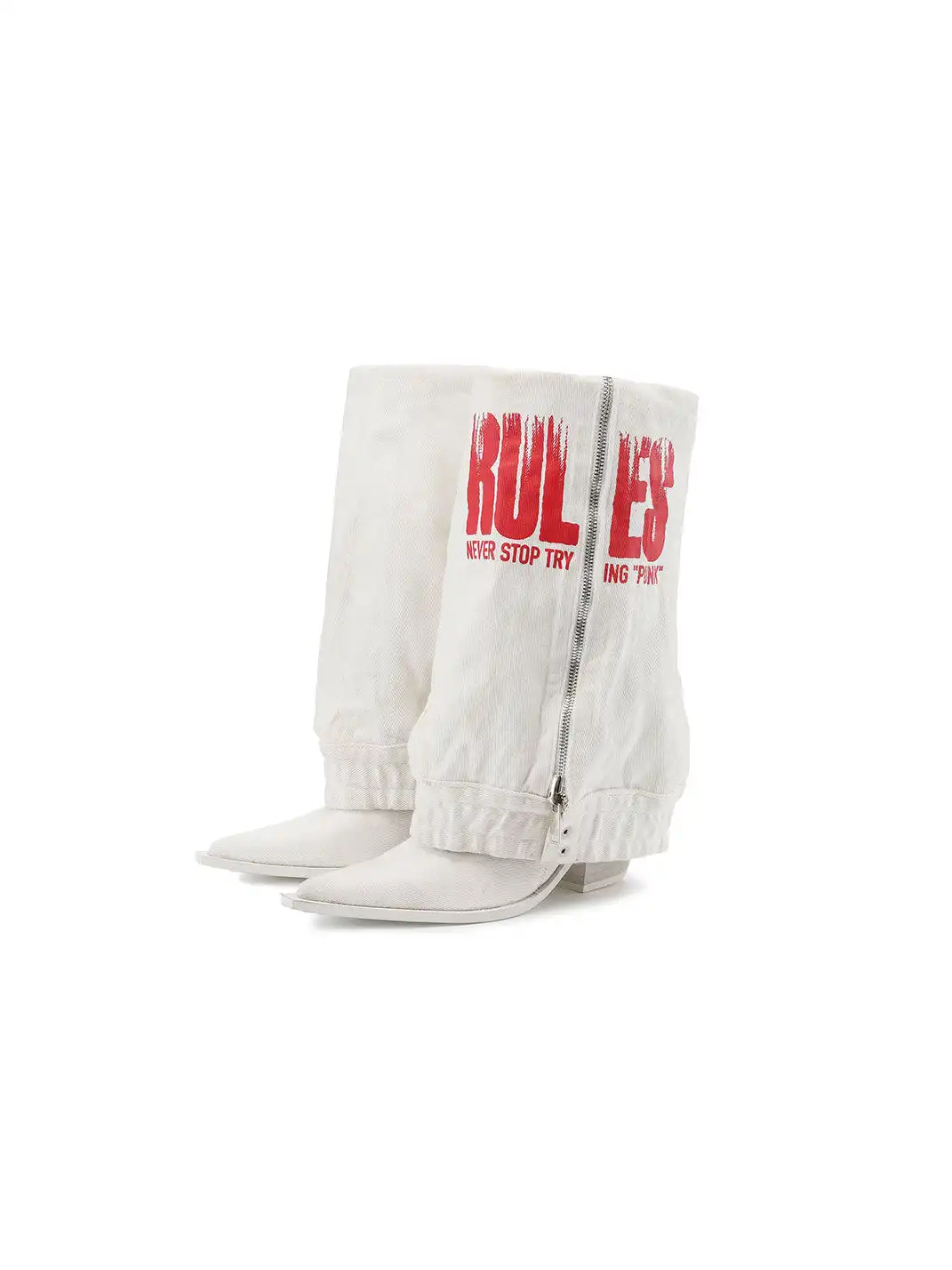 24ANS | Printed Denim Fold-Over Chunky Heel Boots