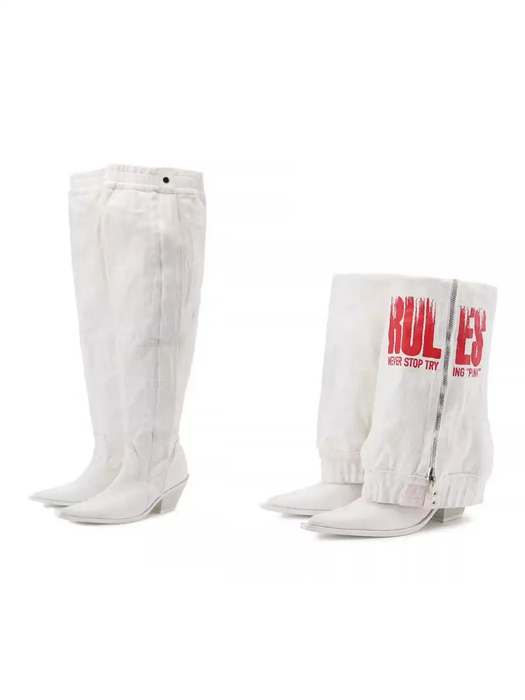 24ANS | Printed Denim Fold-Over Chunky Heel Boots