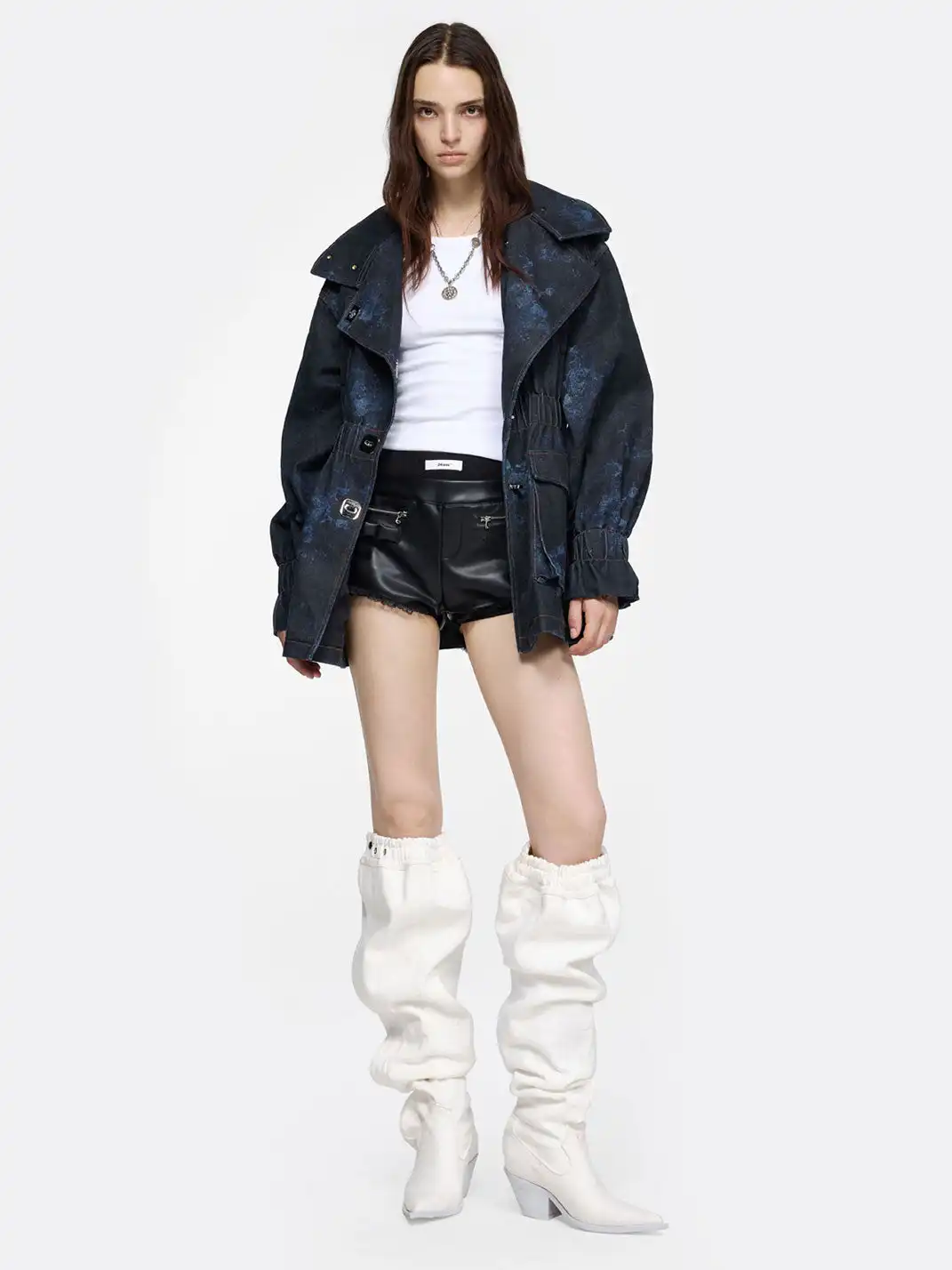 24ANS | Printed Denim Fold-Over Chunky Heel Boots
