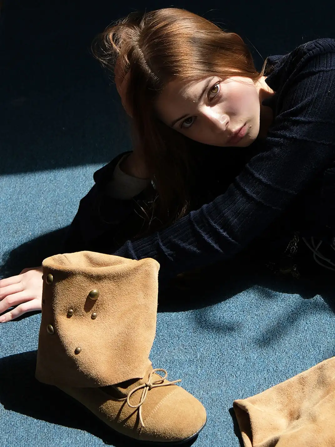 Mooreyu Atelier | Vintage Cow Suede Bow Stacked Boots
