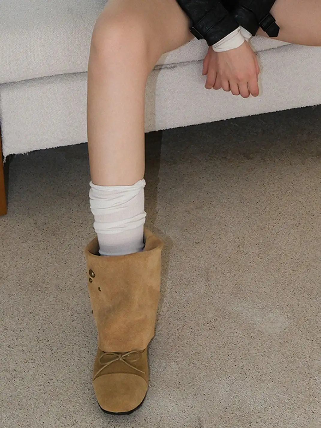 Mooreyu Atelier | Vintage Cow Suede Bow Stacked Boots