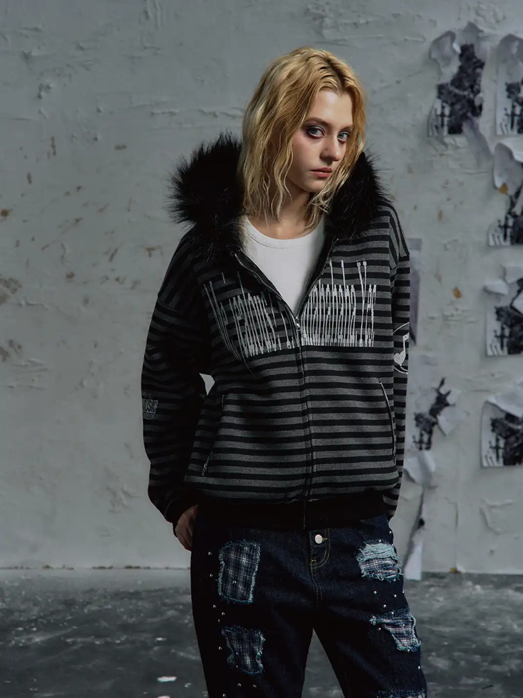 PAIKI | Faux Fur Collar Knit Hoodie