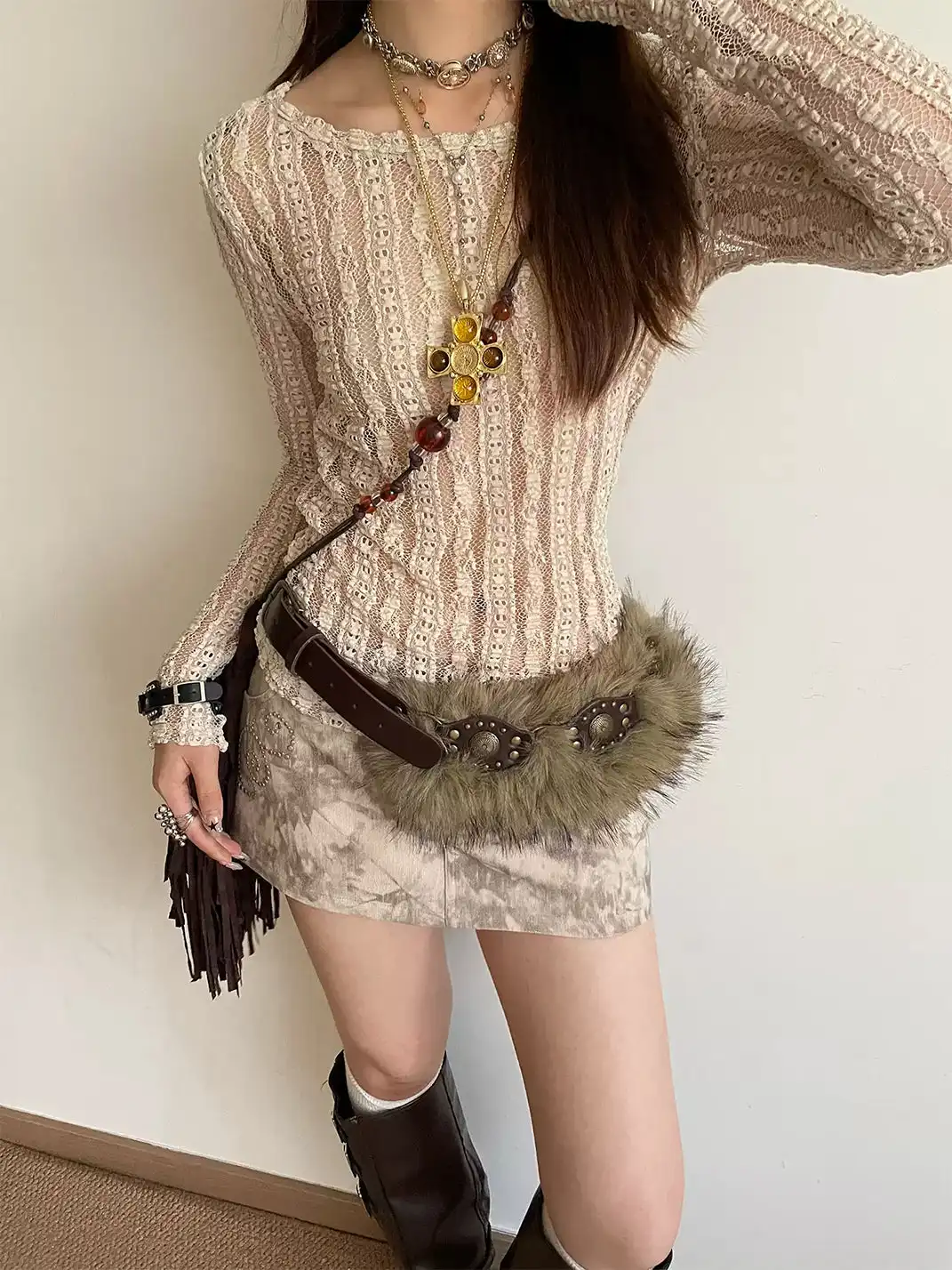 Unclecm | Y2K Punk Star Plush Spike Waist Belt