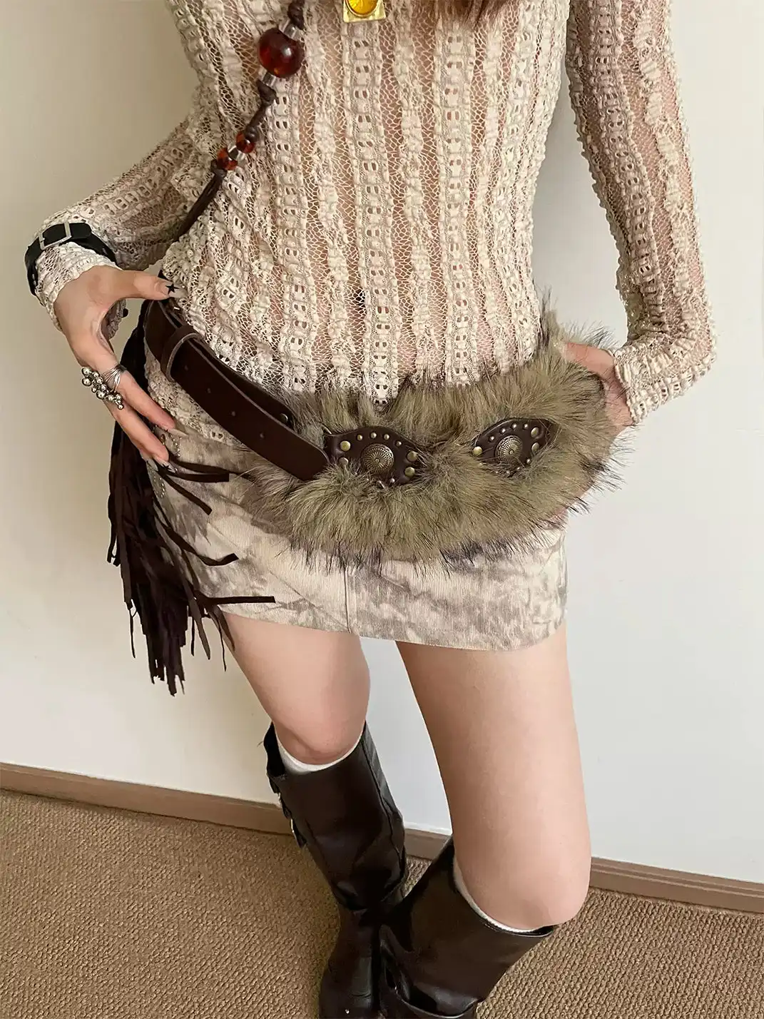 Unclecm | Y2K Punk Star Plush Spike Waist Belt