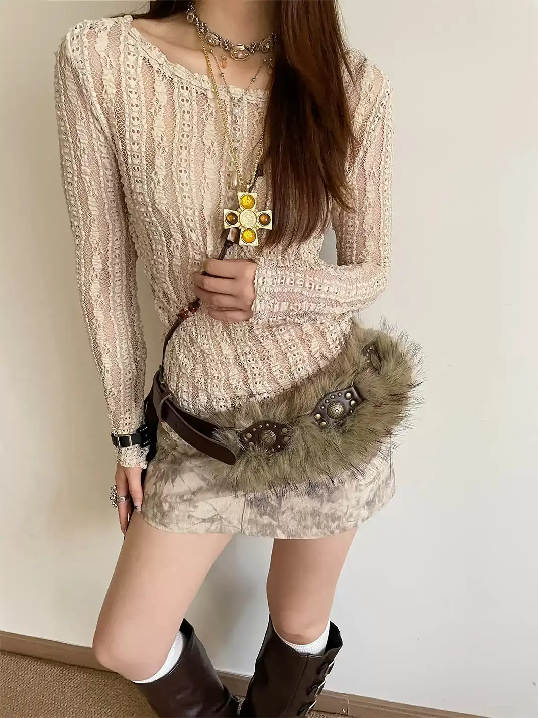 Unclecm | Y2K Punk Star Plush Spike Waist Belt