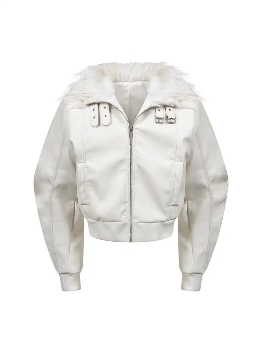 REBEL WAVE | White Devil Fur Collar Leather Jacket - 3