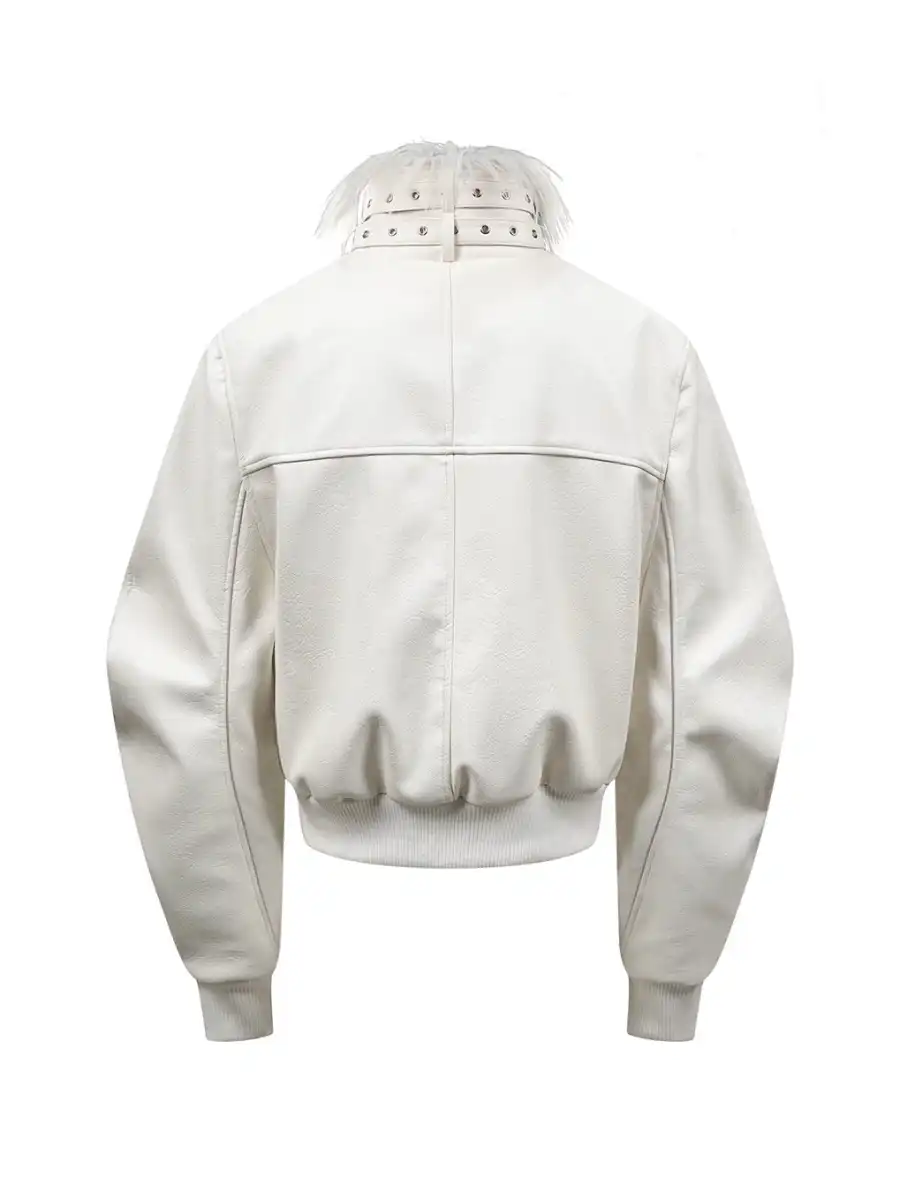 REBEL WAVE | White Devil Fur Collar Leather Jacket - 2