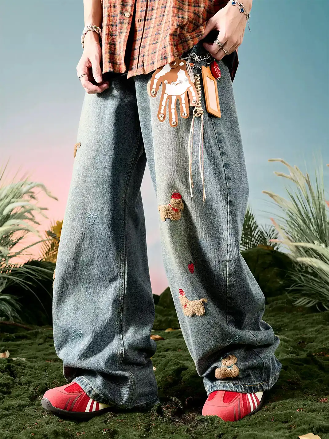 Nuthink | Embroidered Teddy Bear Wide-Leg Denim Pants