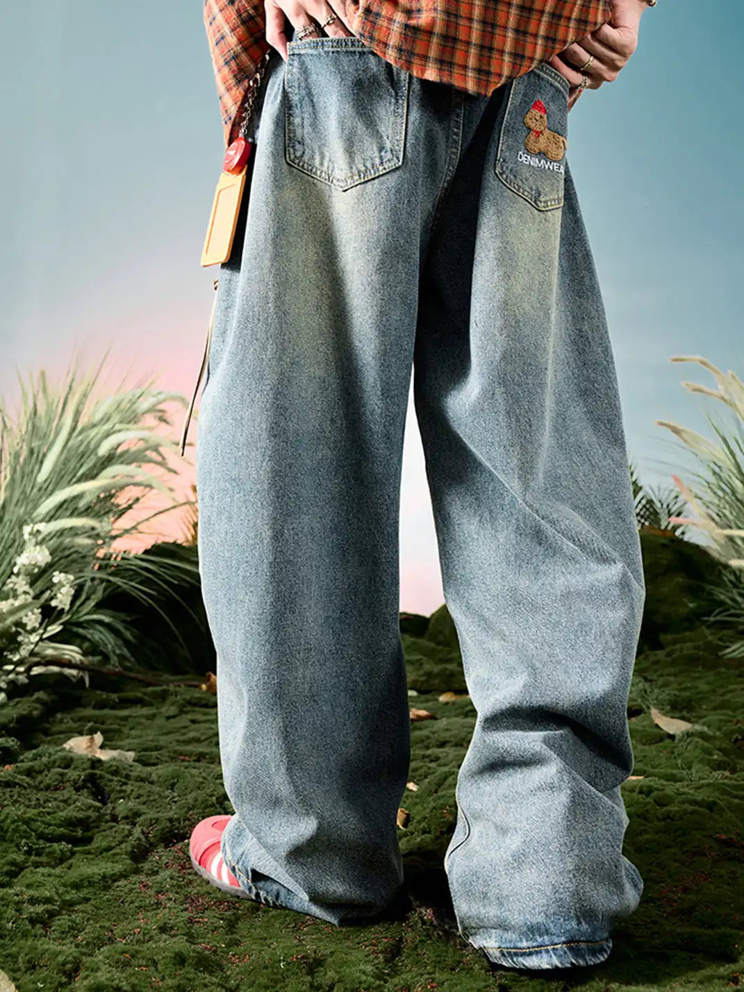 Nuthink | Embroidered Teddy Bear Wide-Leg Denim Pants