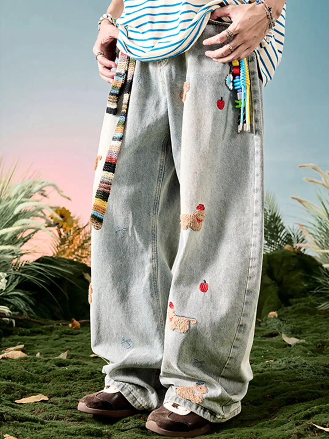 Nuthink | Embroidered Teddy Bear Wide-Leg Denim Pants