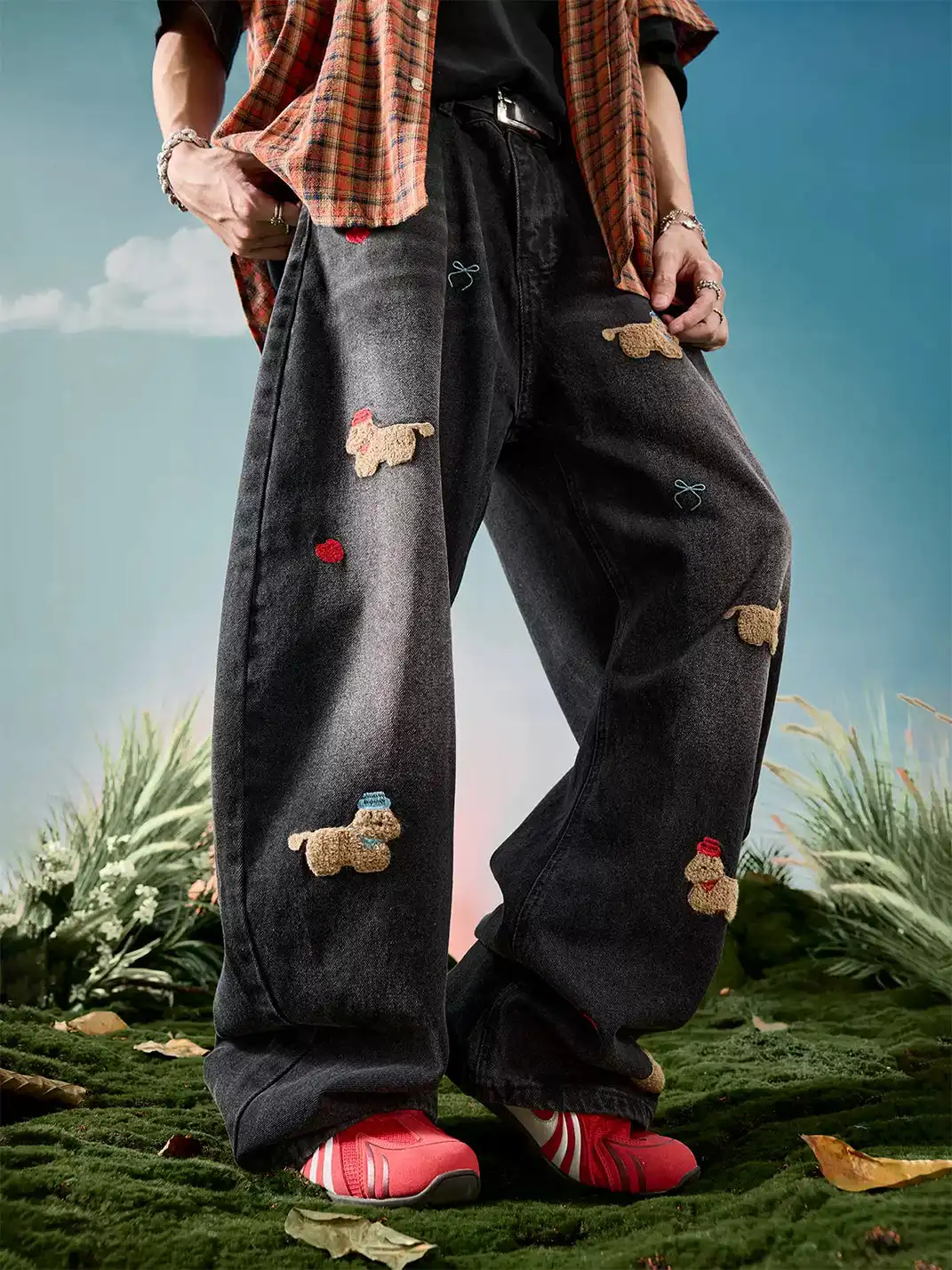 Nuthink | Embroidered Teddy Bear Wide-Leg Denim Pants