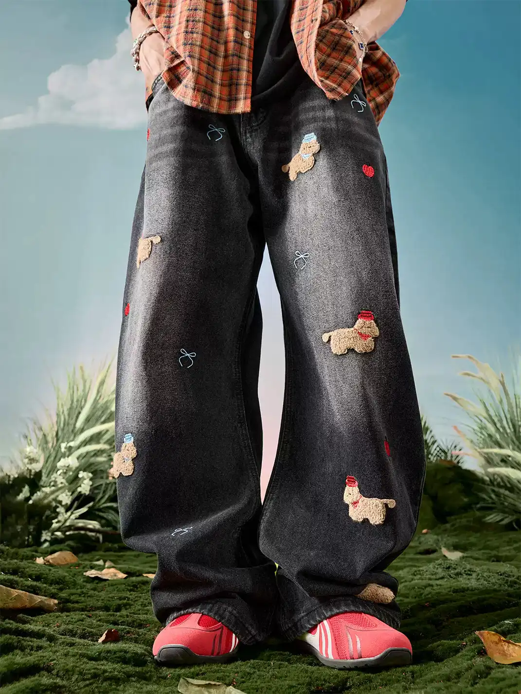 Nuthink | Embroidered Teddy Bear Wide-Leg Denim Pants