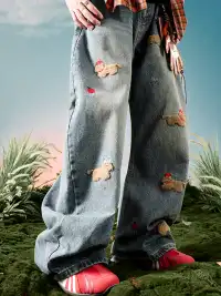 Nuthink | Embroidered Teddy Bear Wide-Leg Denim Pants