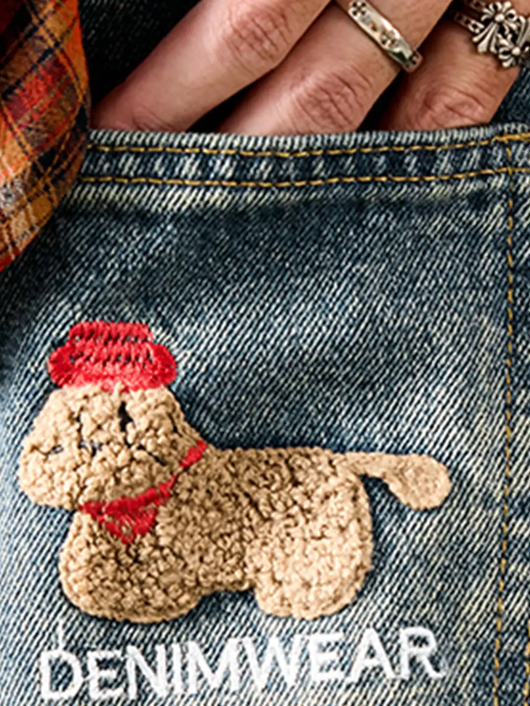 Nuthink | Embroidered Teddy Bear Wide-Leg Denim Pants