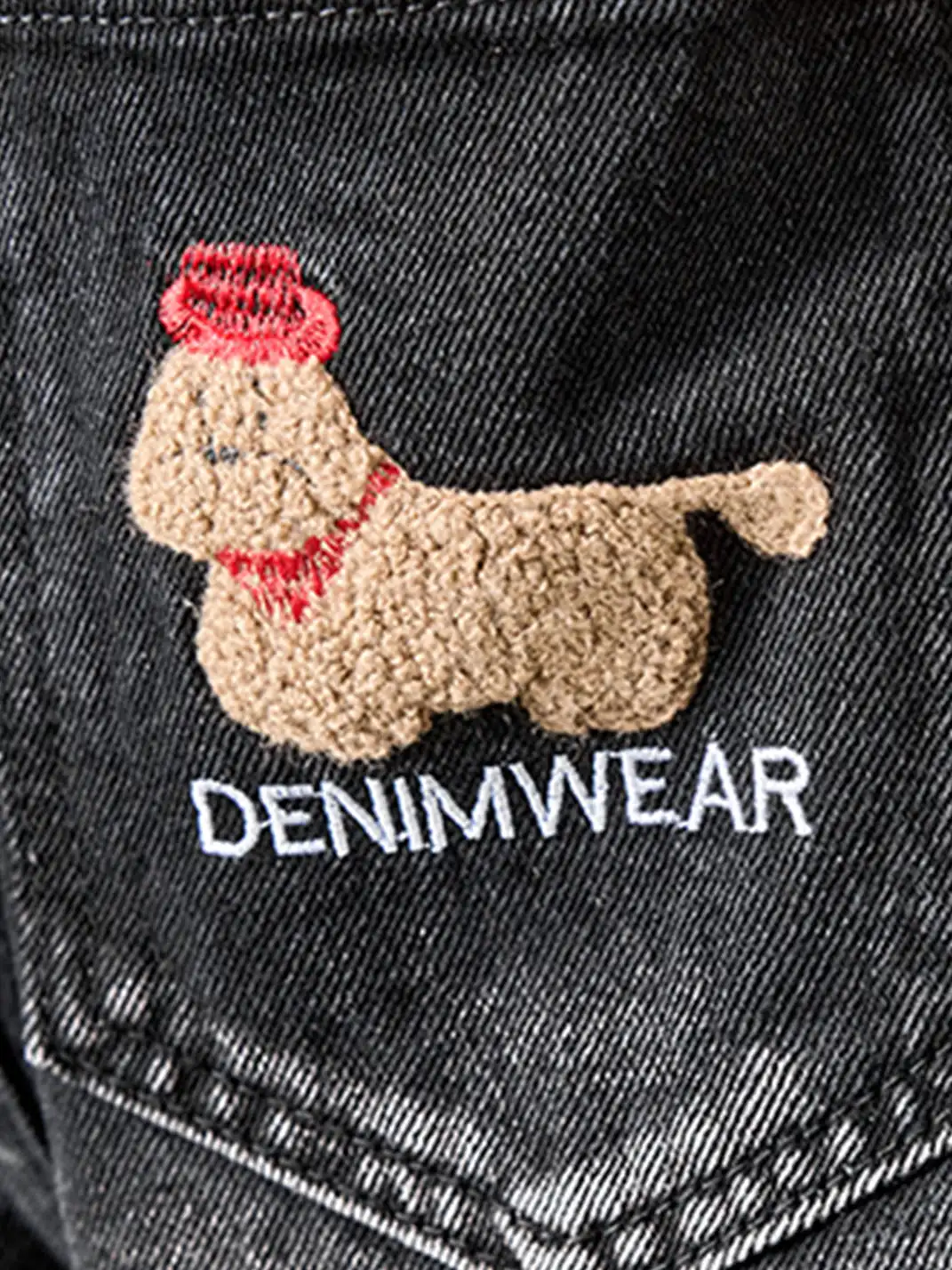 Nuthink | Embroidered Teddy Bear Wide-Leg Denim Pants