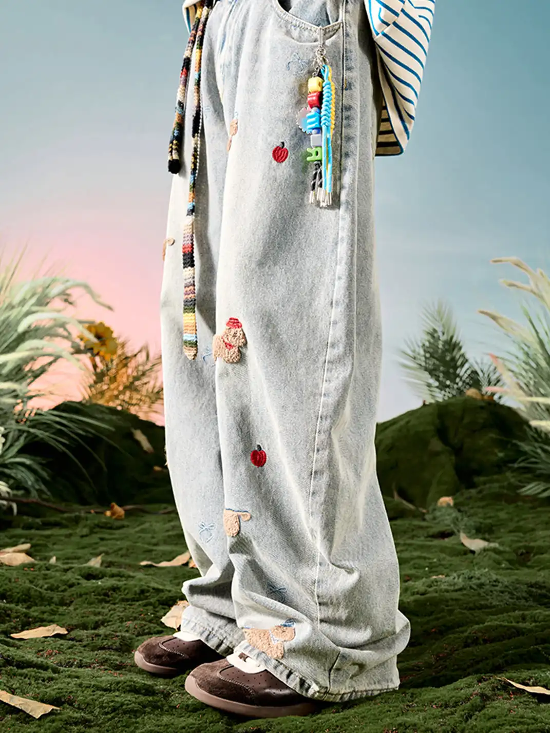 Nuthink | Embroidered Teddy Bear Wide-Leg Denim Pants