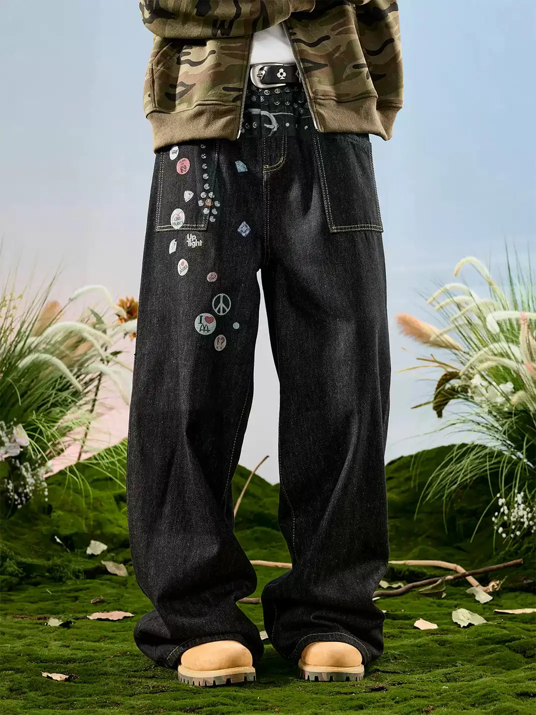 Nuthink | Badge Print Wide-Leg Denim Pants