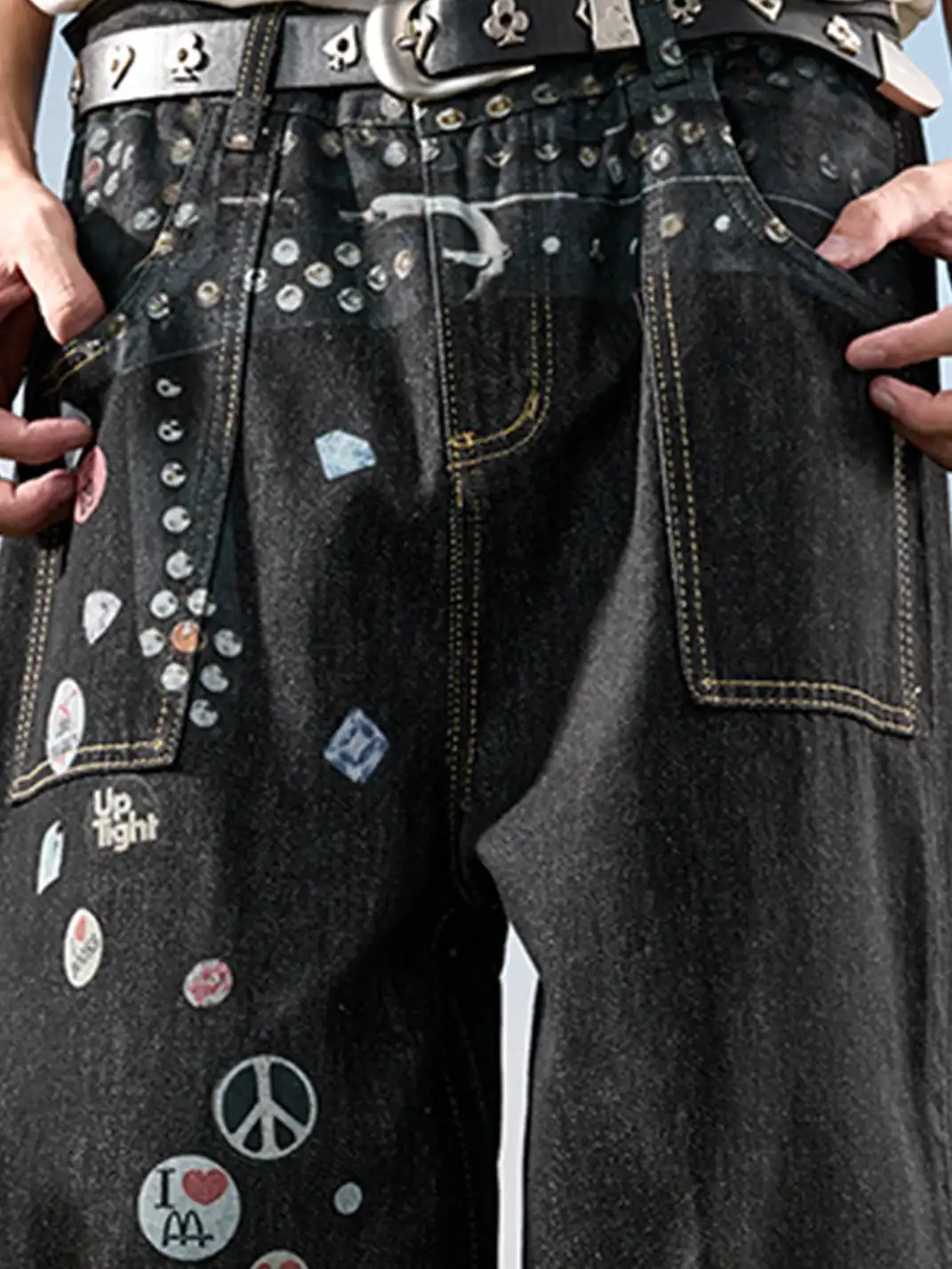 Nuthink | Badge Print Wide-Leg Denim Pants