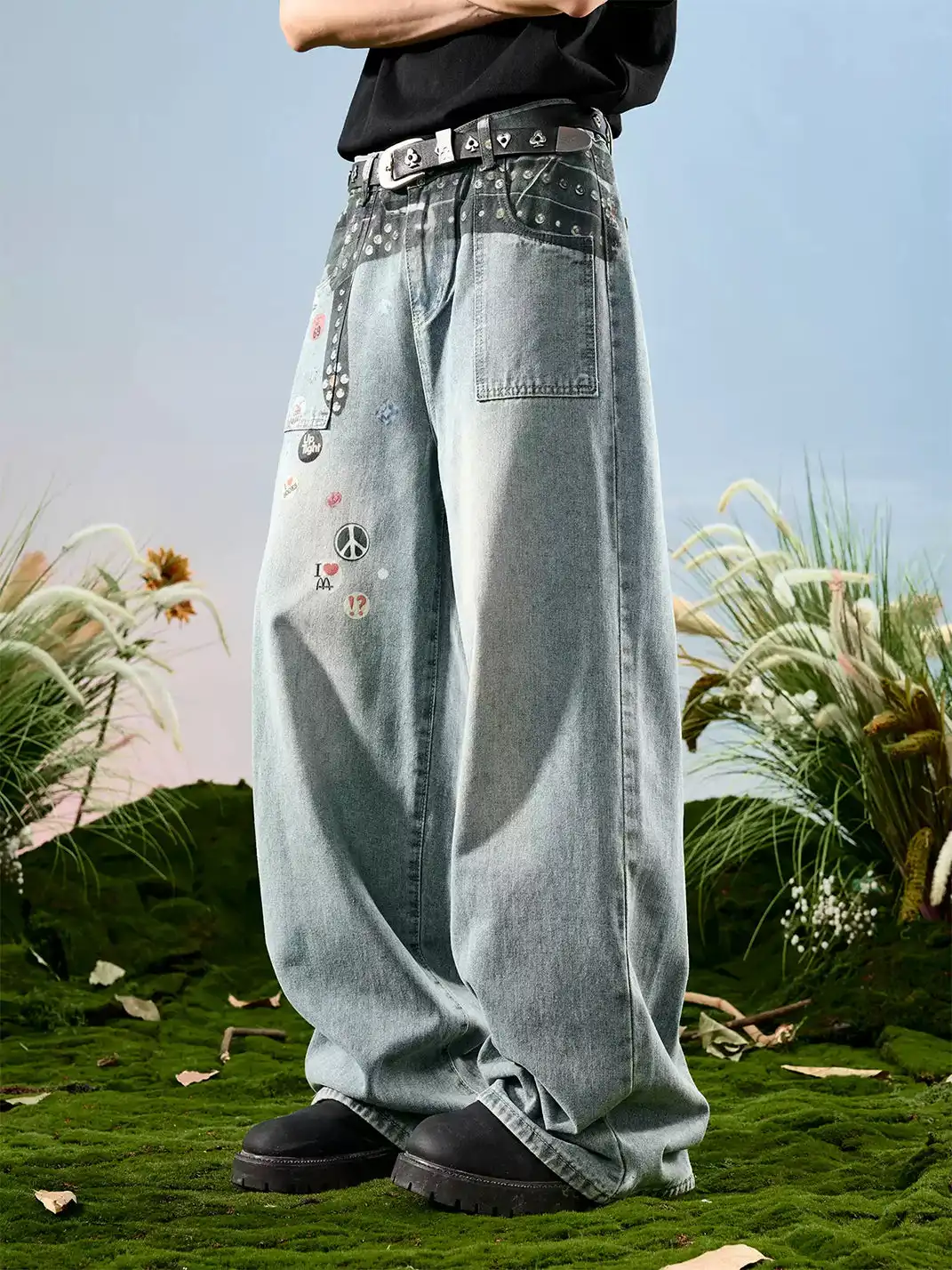 Nuthink | Badge Print Wide-Leg Denim Pants