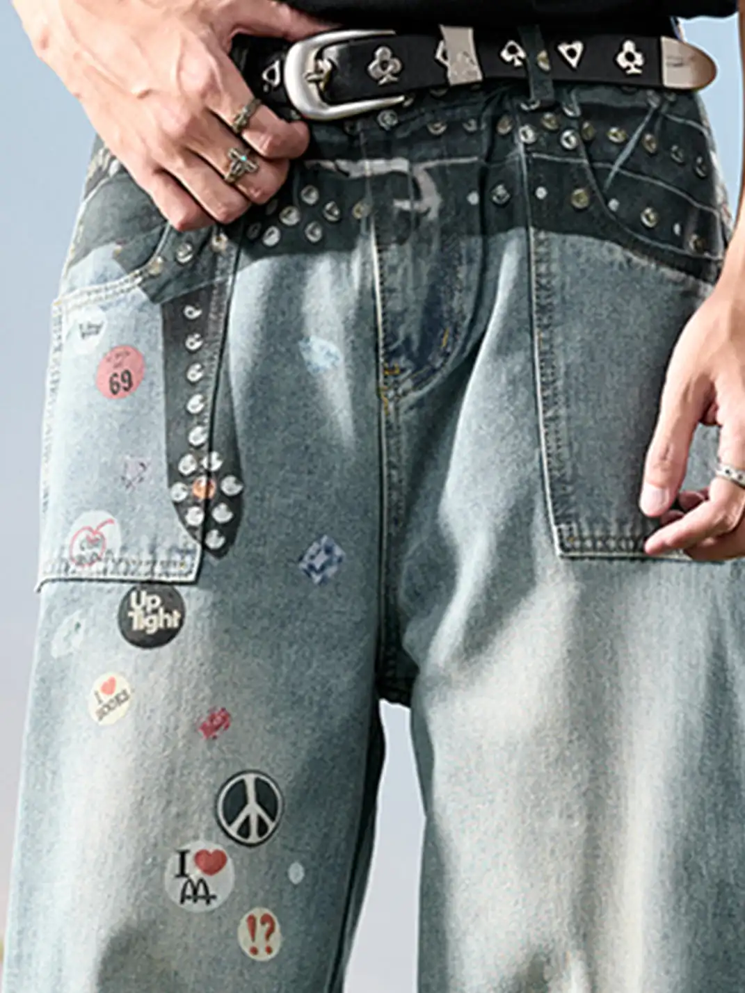 Nuthink | Badge Print Wide-Leg Denim Pants