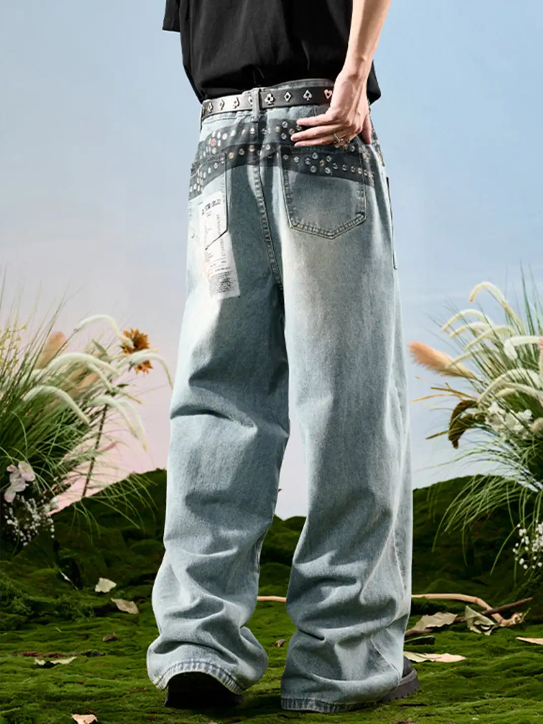 Nuthink | Badge Print Wide-Leg Denim Pants