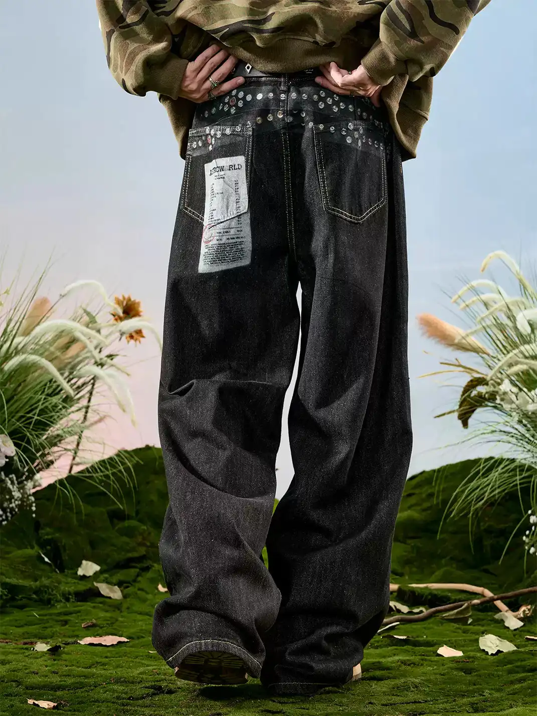 Nuthink | Badge Print Wide-Leg Denim Pants