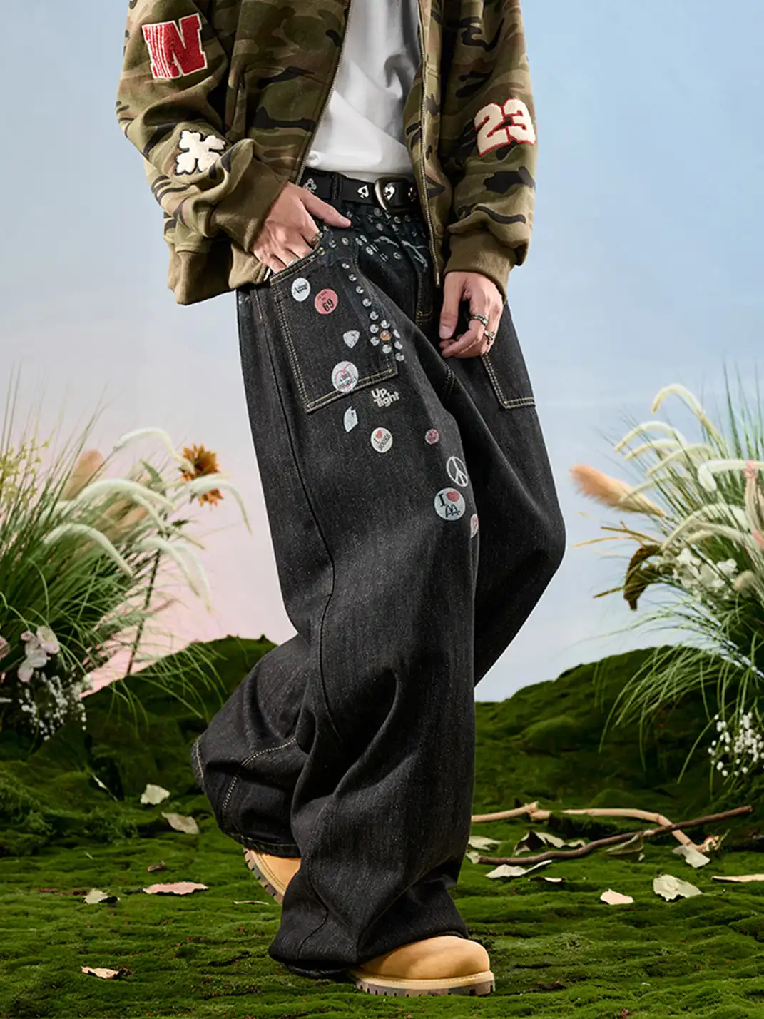 Nuthink | Badge Print Wide-Leg Denim Pants