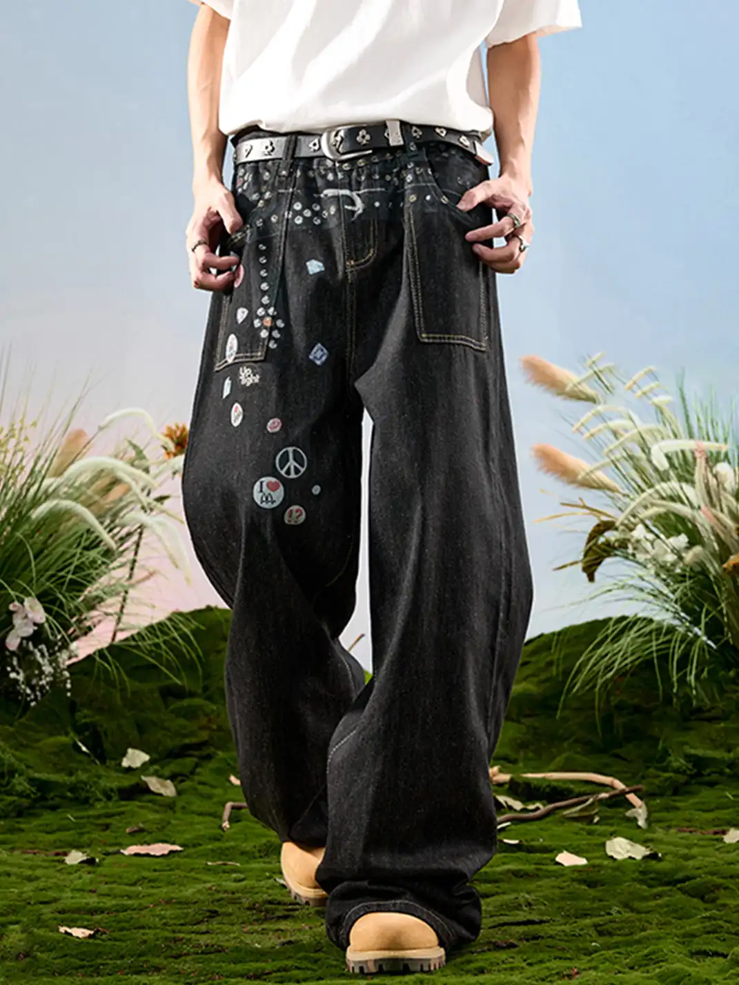 Nuthink | Badge Print Wide-Leg Denim Pants