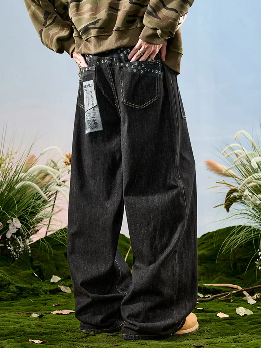 Nuthink | Badge Print Wide-Leg Denim Pants