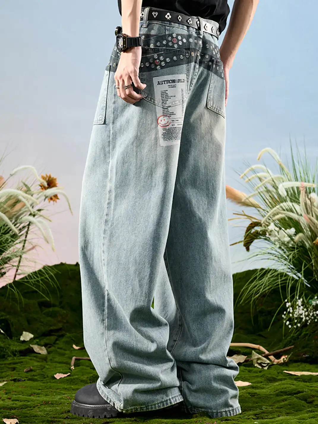 Nuthink | Badge Print Wide-Leg Denim Pants
