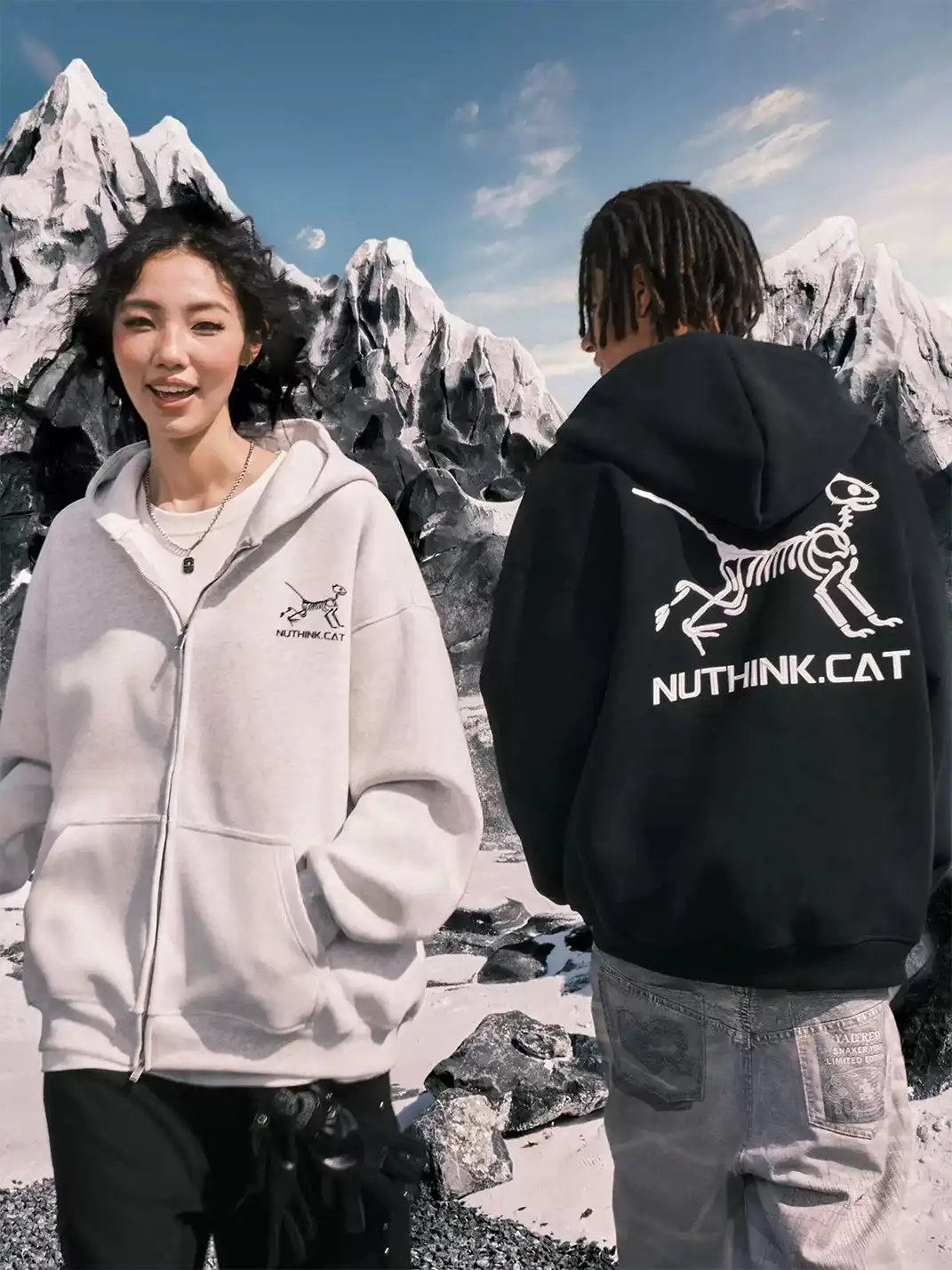 Nuthink | Vintage Kitten Skull Hooded Sweatshirt Jacket