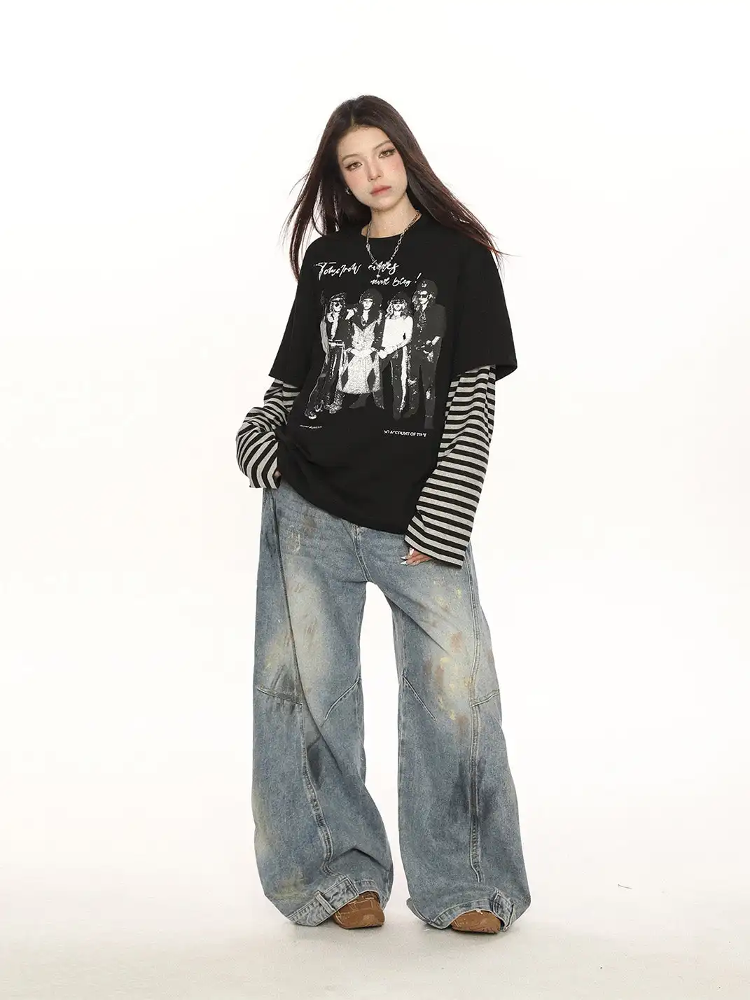 BIGGOLD | Print Faux Two-Piece Striped Shirt