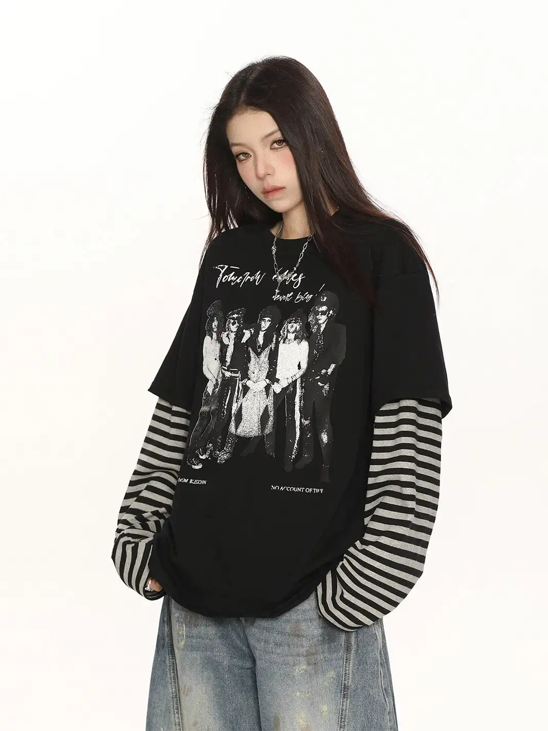 BIGGOLD | Print Faux Two-Piece Striped Shirt