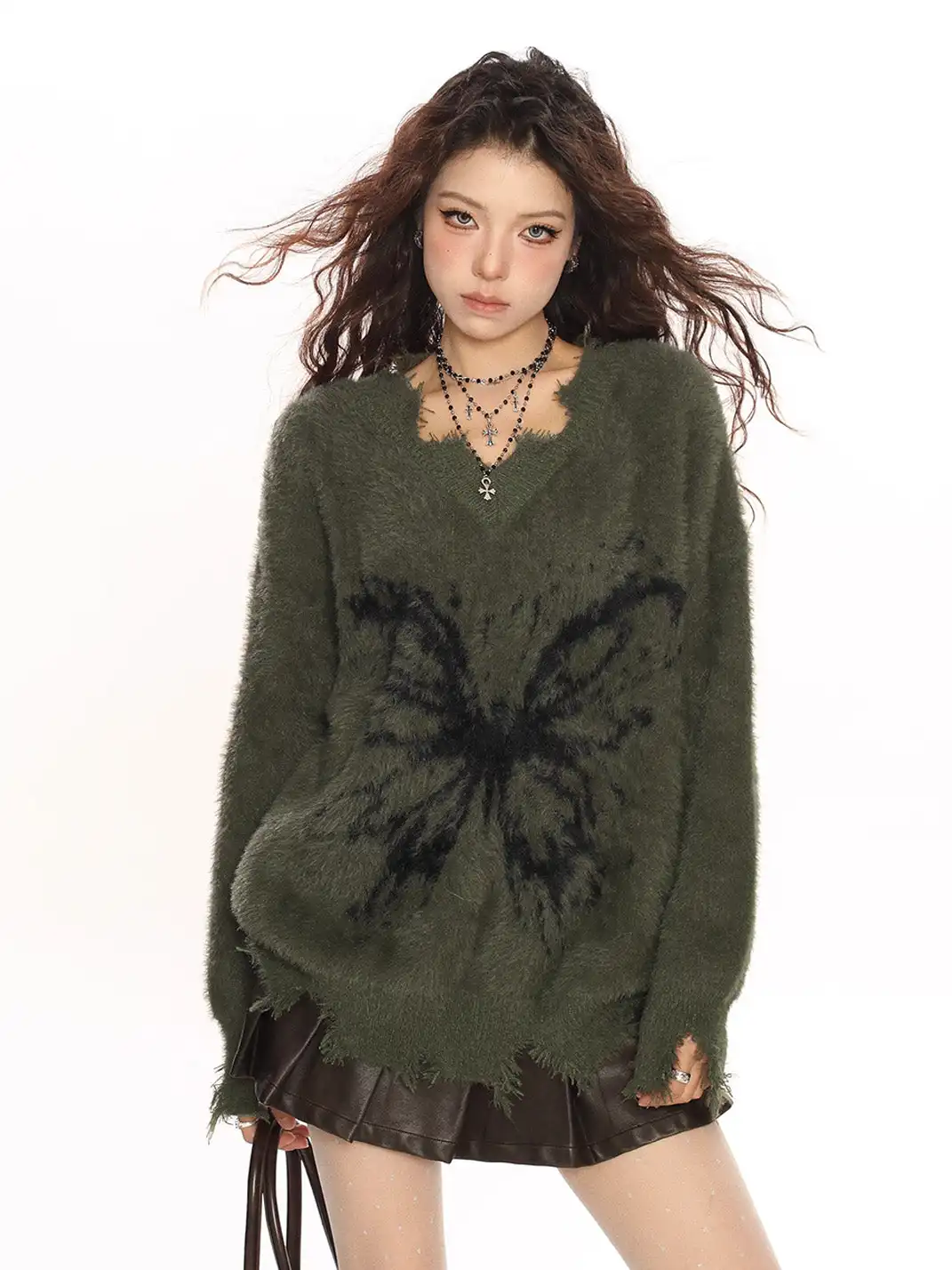 BIGGOLD | Distressed V-neck Butterfly Mohair Sweater