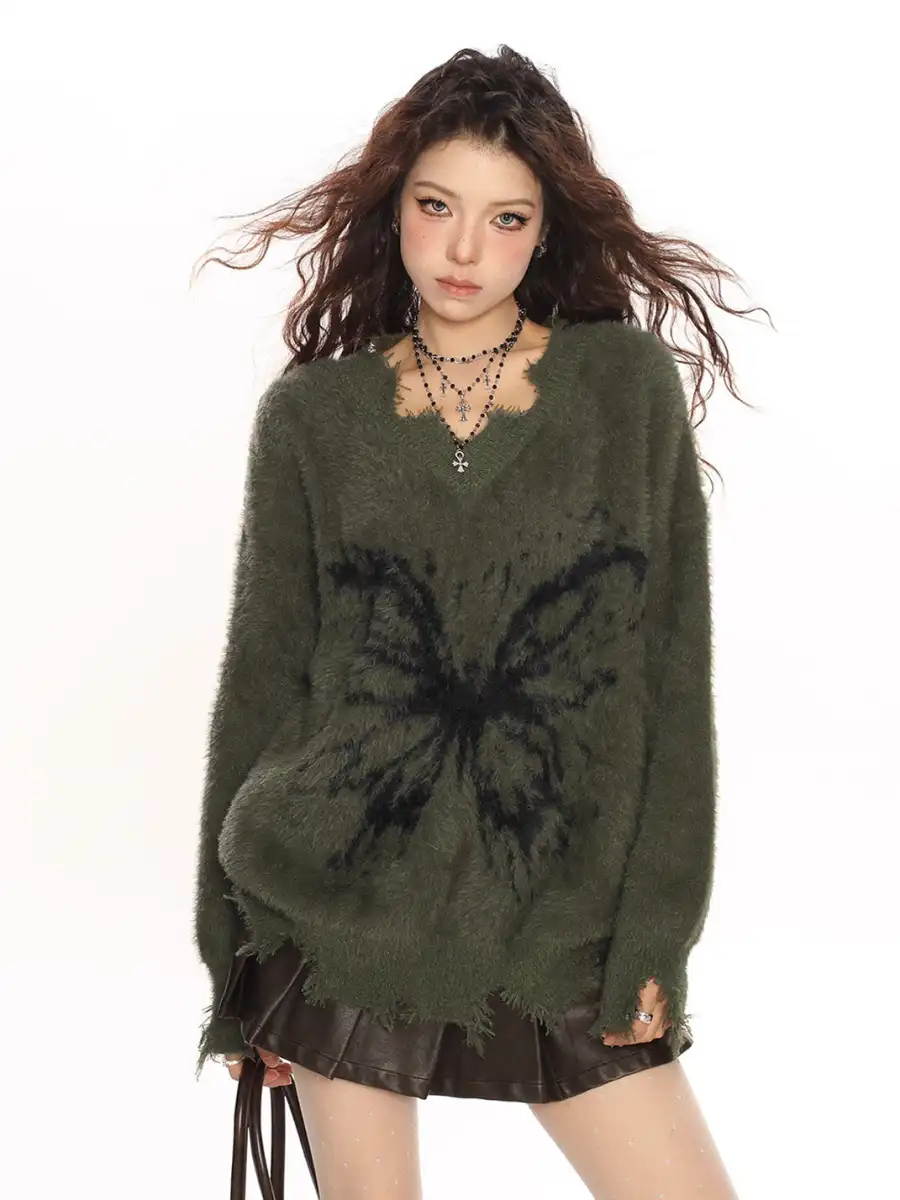 BIGGOLD | Distressed V-neck Butterfly Mohair Sweater - 2