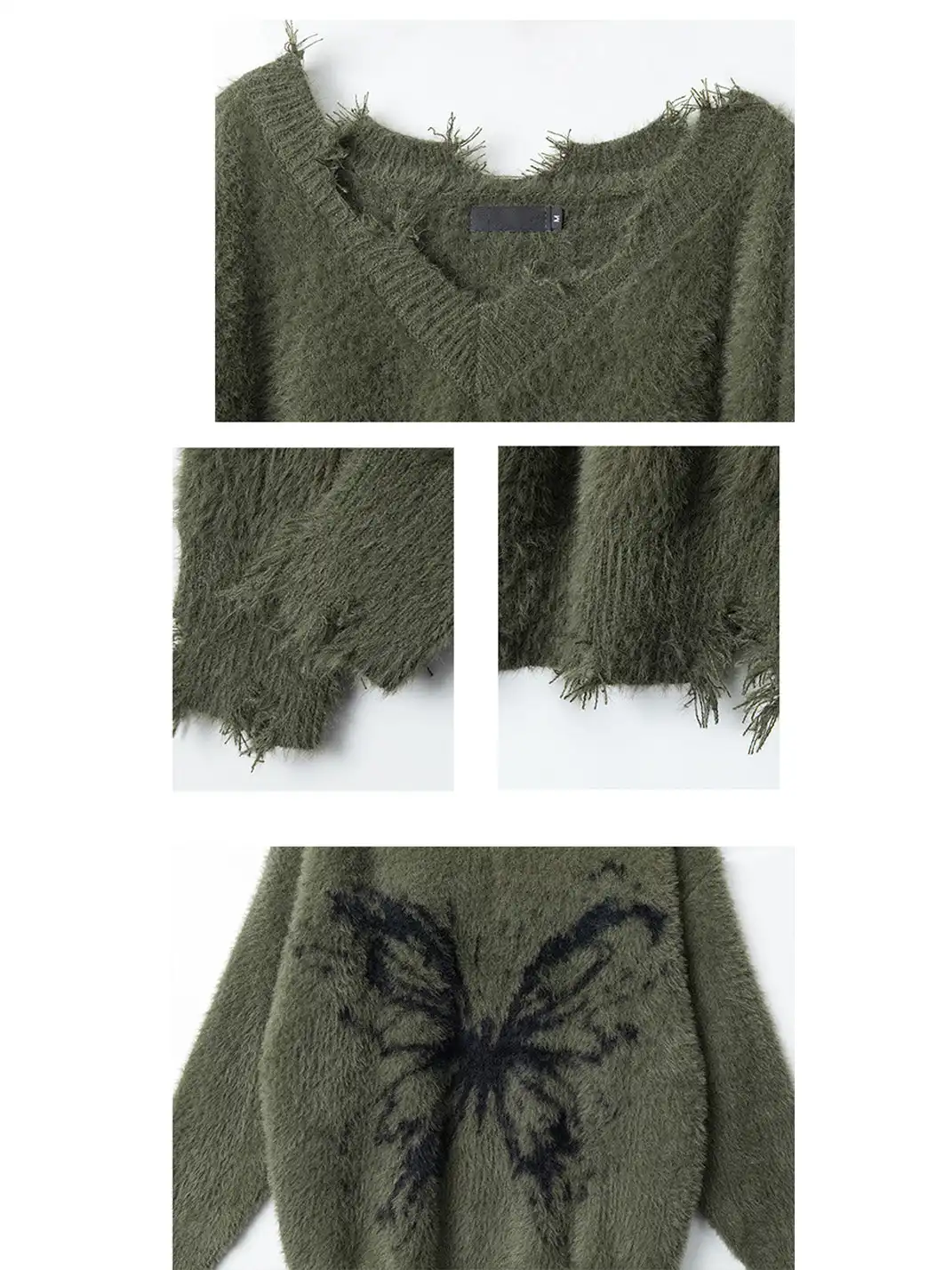 BIGGOLD | Distressed V-neck Butterfly Mohair Sweater