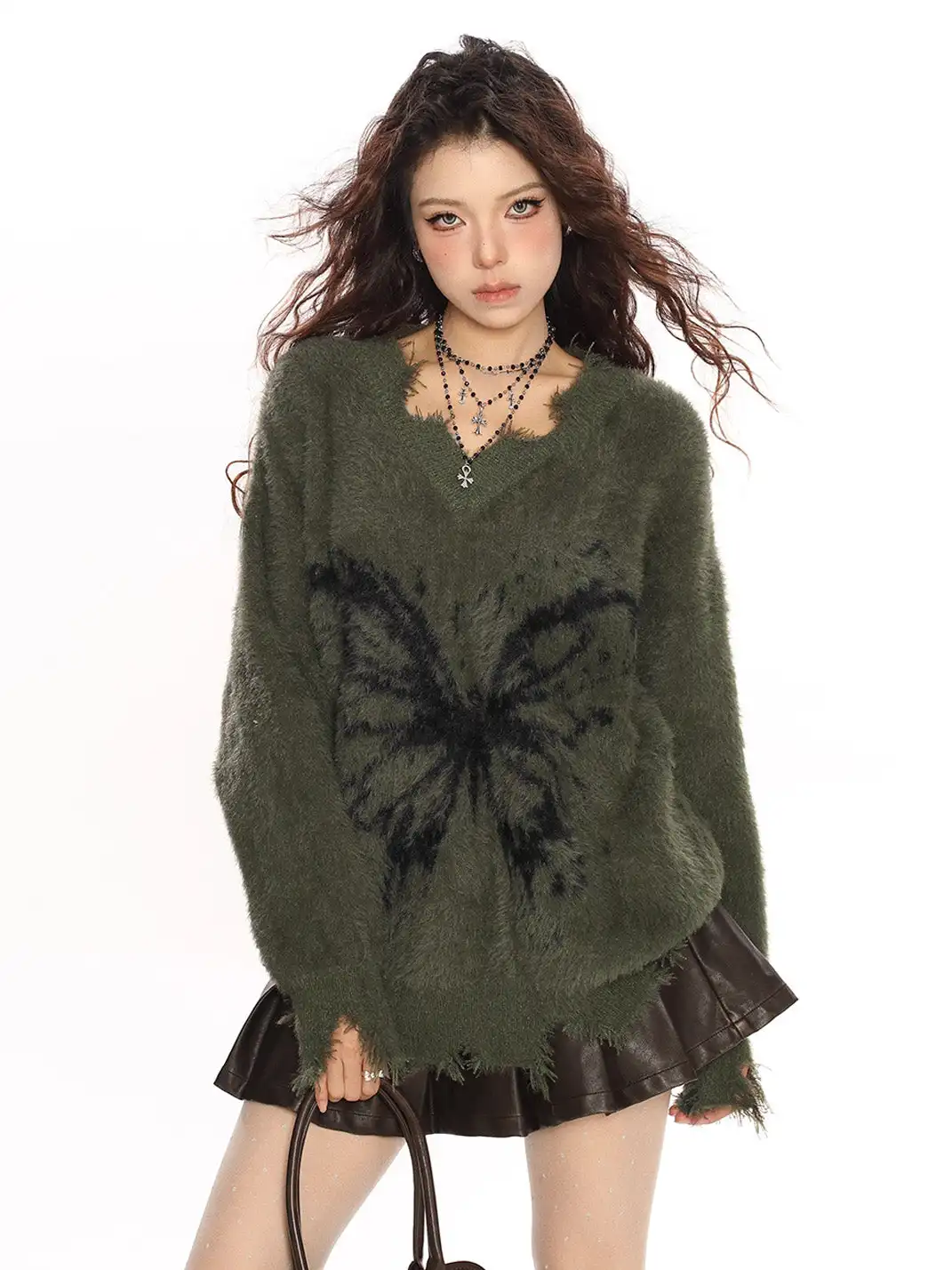 BIGGOLD | Distressed V-neck Butterfly Mohair Sweater