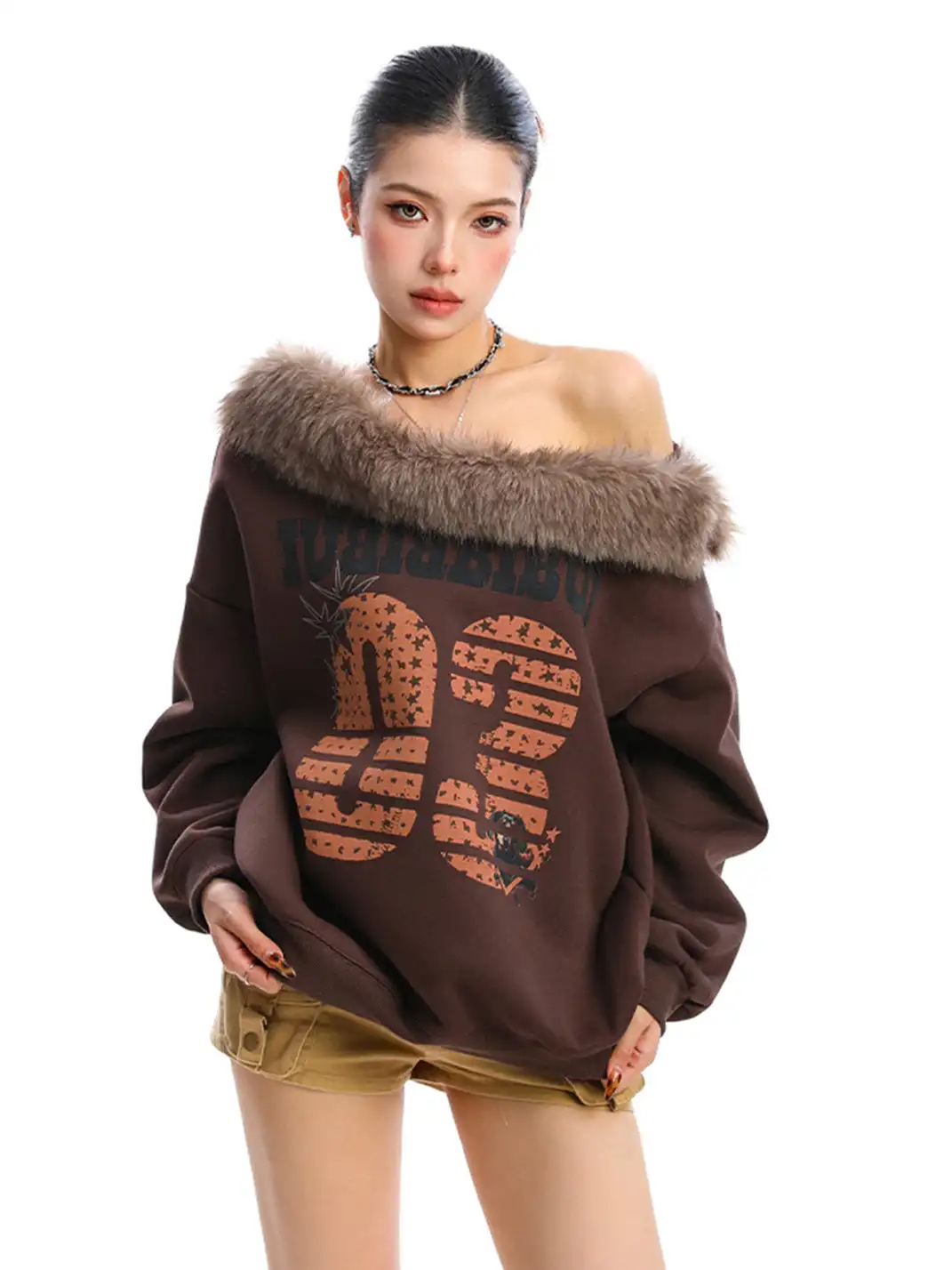 BIGGOLD | Detachable Fur Collar One Shoulder Sweatshirt