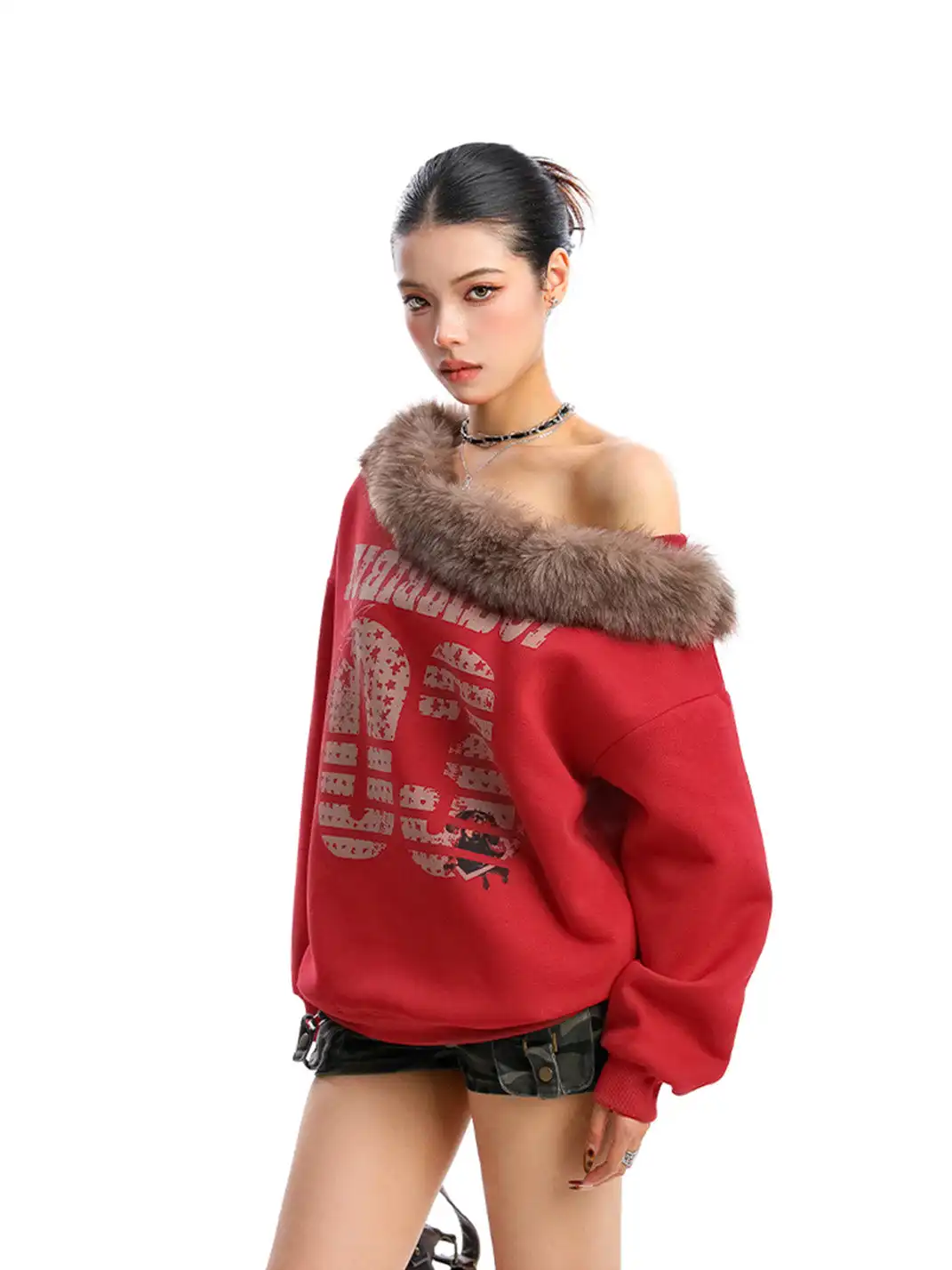BIGGOLD | Detachable Fur Collar One Shoulder Sweatshirt