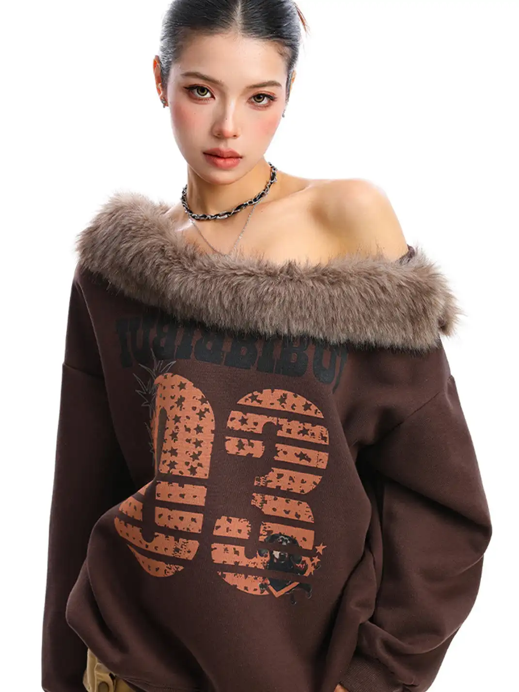 BIGGOLD | Detachable Fur Collar One Shoulder Sweatshirt