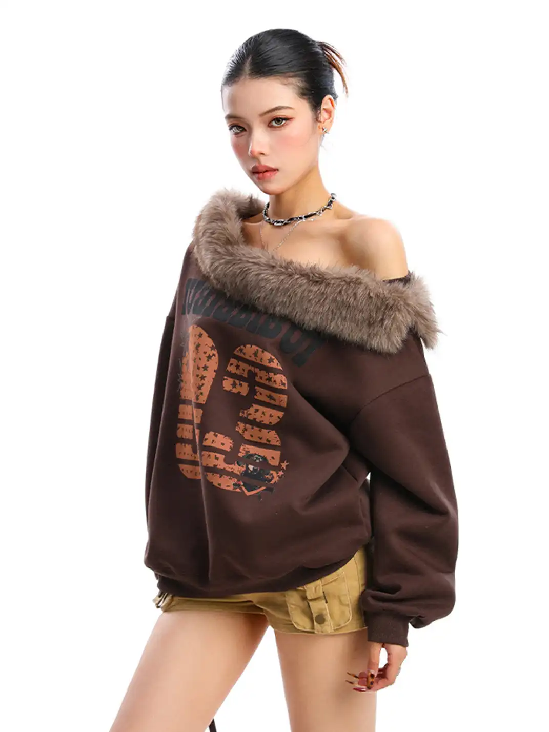 BIGGOLD | Detachable Fur Collar One Shoulder Sweatshirt