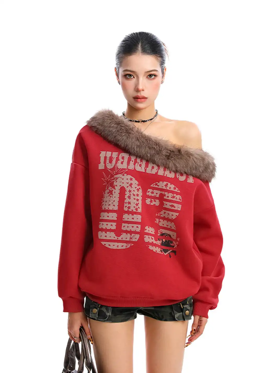 BIGGOLD | Detachable Fur Collar One Shoulder Sweatshirt