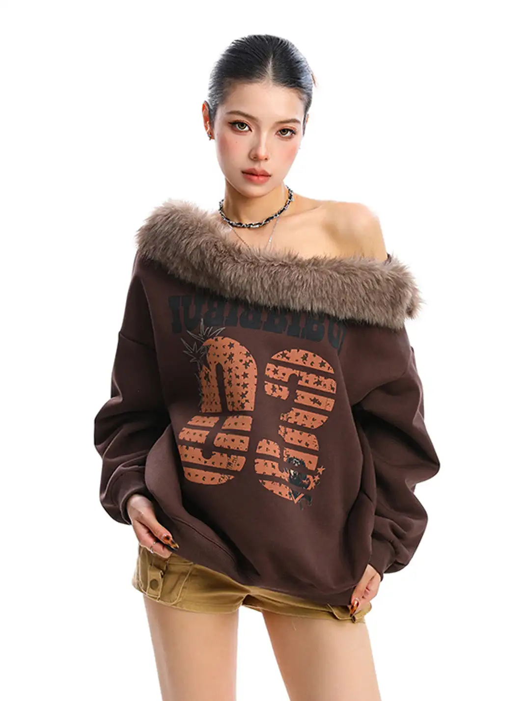 BIGGOLD | Detachable Fur Collar One Shoulder Sweatshirt