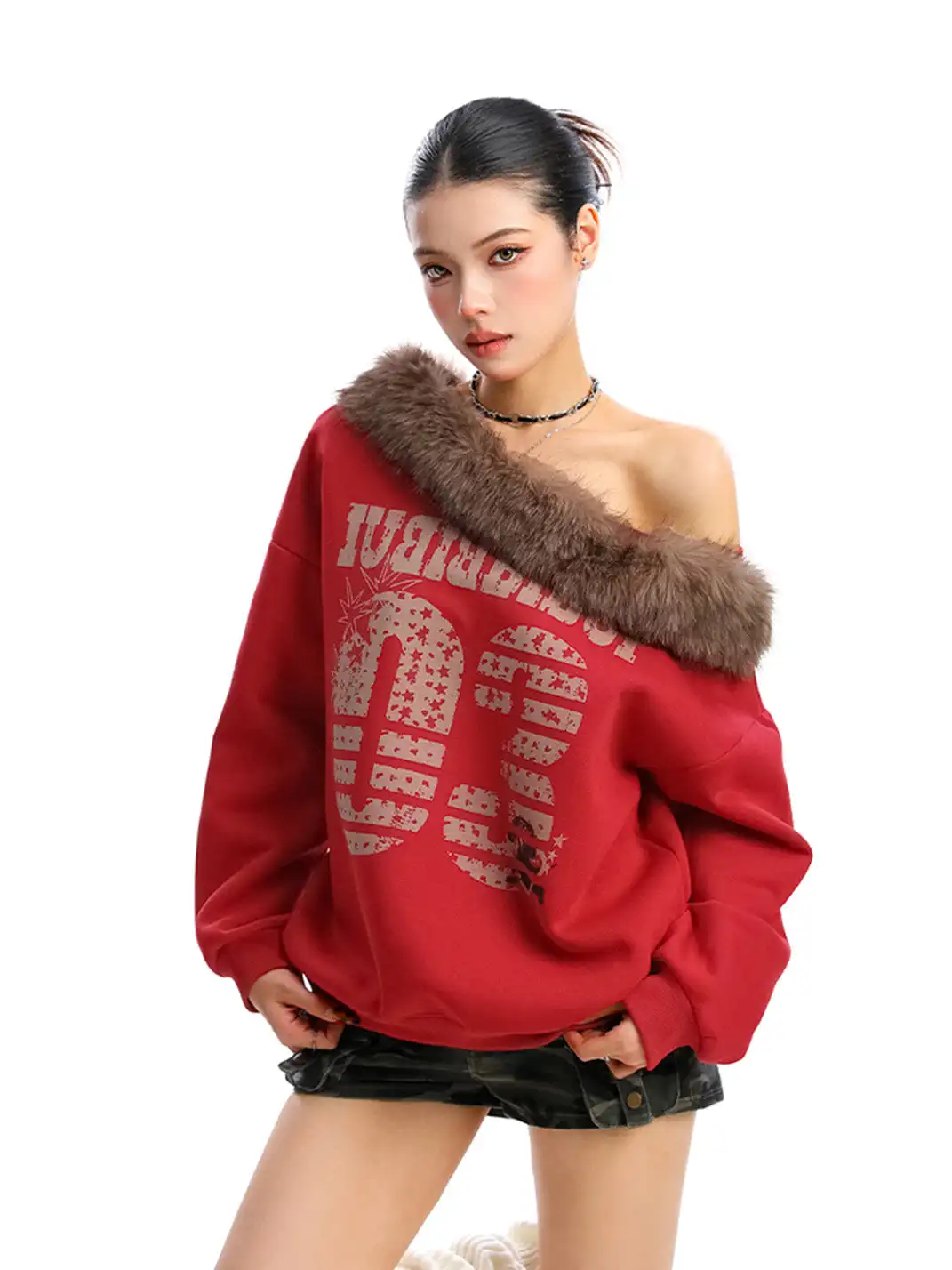 BIGGOLD | Detachable Fur Collar One Shoulder Sweatshirt