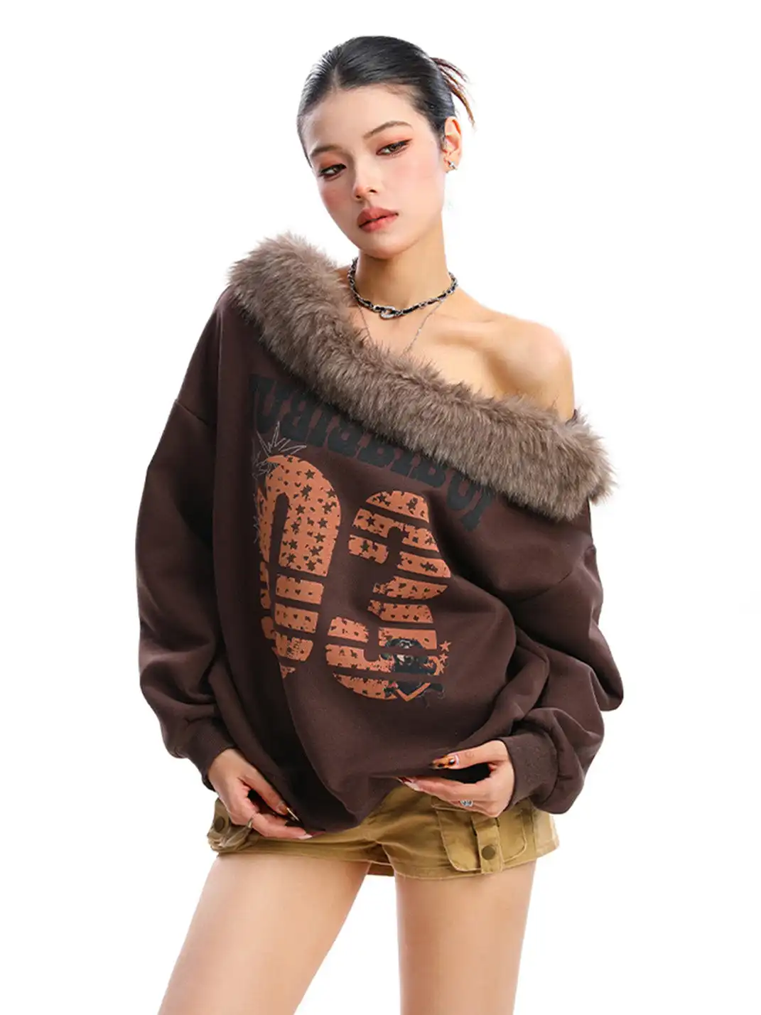BIGGOLD | Detachable Fur Collar One Shoulder Sweatshirt
