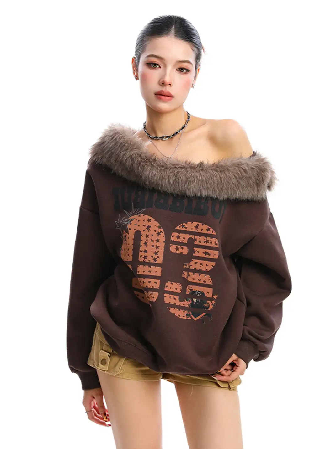 BIGGOLD | Detachable Fur Collar One Shoulder Sweatshirt