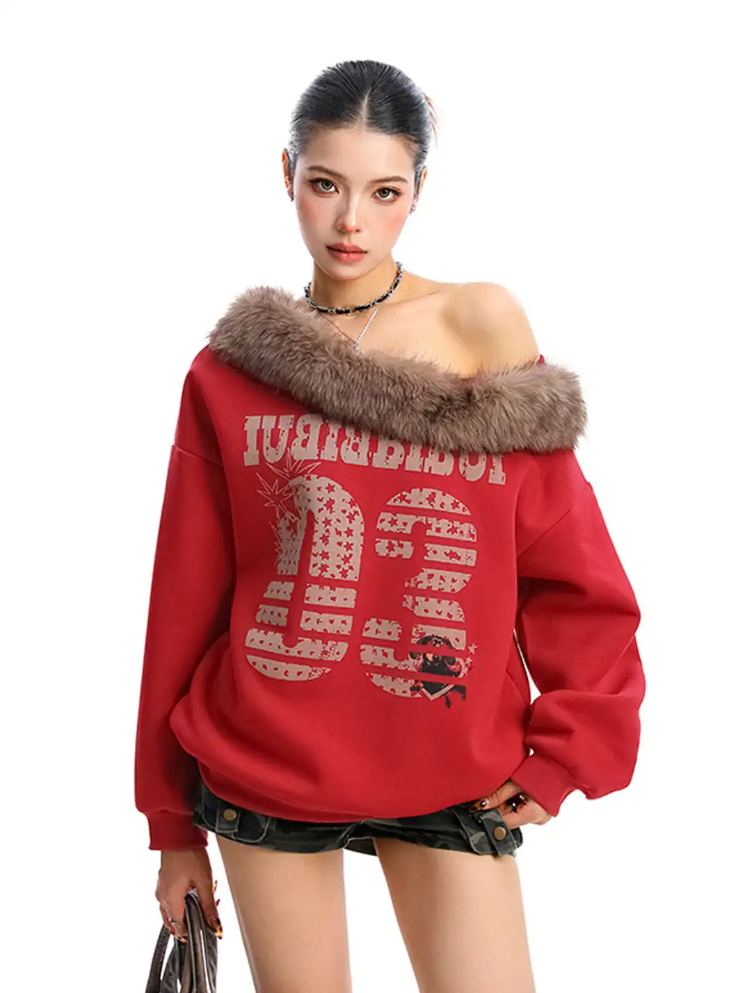 BIGGOLD | Detachable Fur Collar One Shoulder Sweatshirt